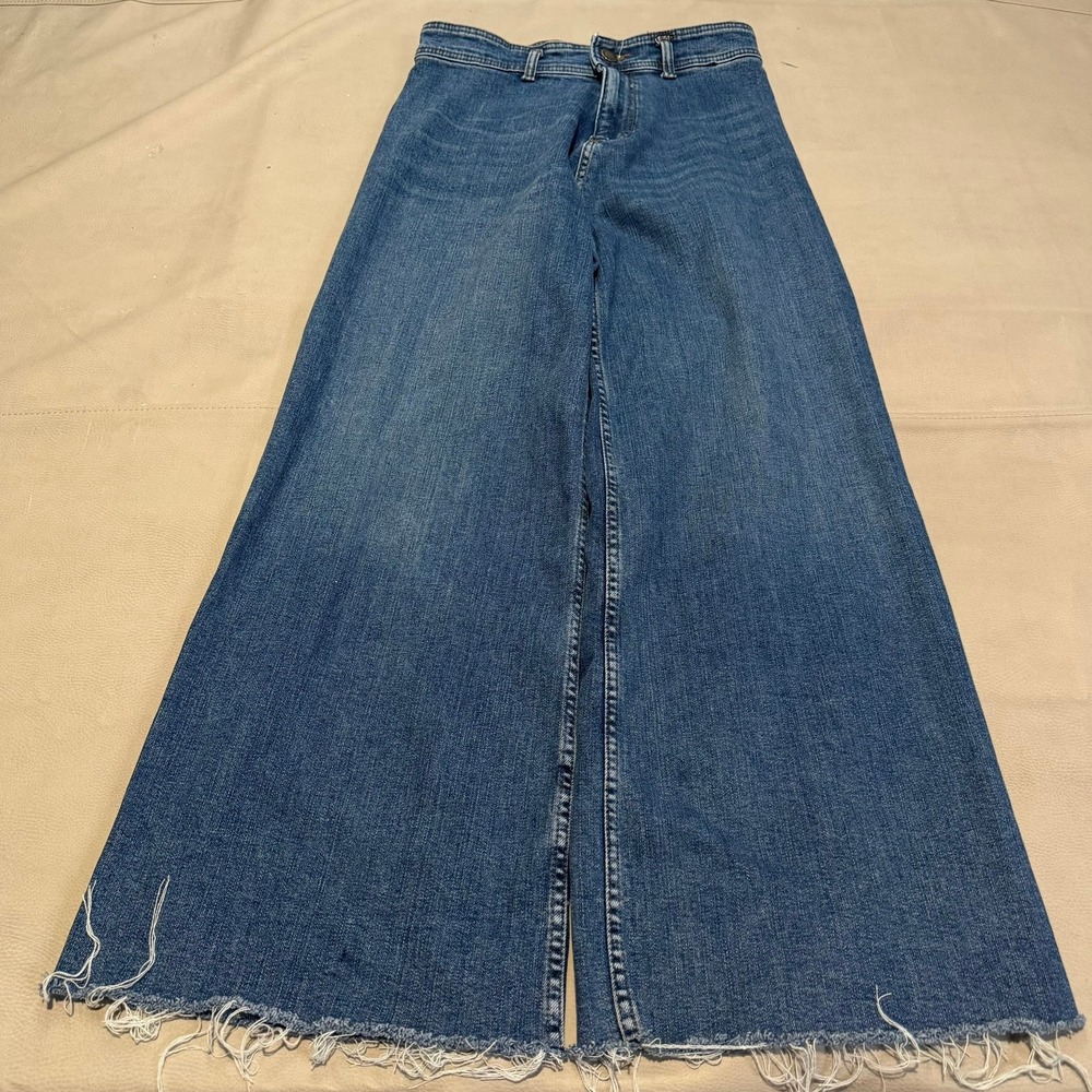 Zara Women Blue High Rise Wide Leg Baggy Raw Hem Y2K Jean-10 Med Wash Denim-7432